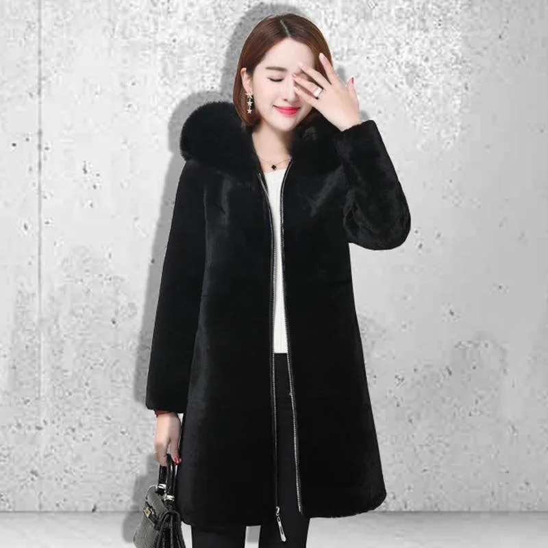 Women Clothes Hooded Large Fur Collar Faux Fur Sheep Shearing Coat Female Long Section Winter Thick Plush Coat Women Coat