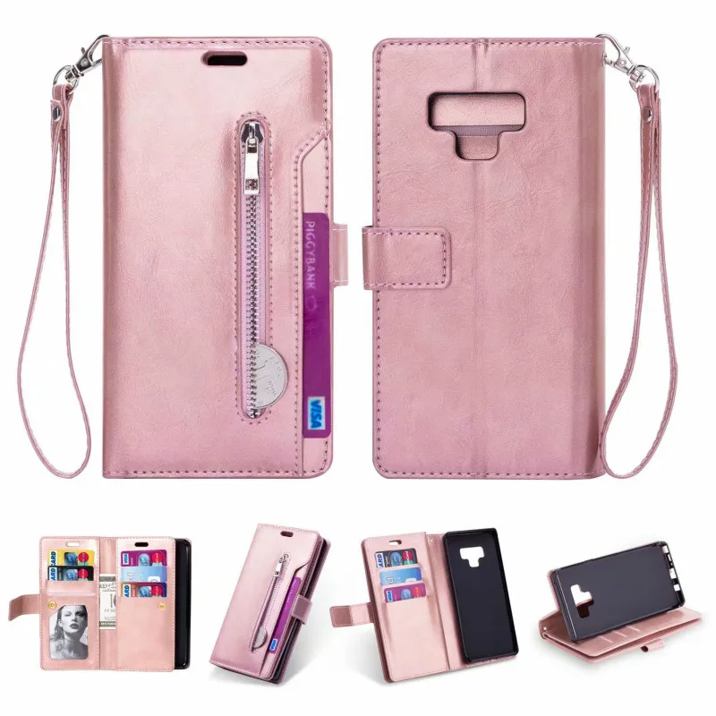 

9 Card Slot holders Flip Leather Case for Samsung galaxy note 9 8 s9 s8 plus dege Zipper Wallet cover for samsung s7 s6 edge bag