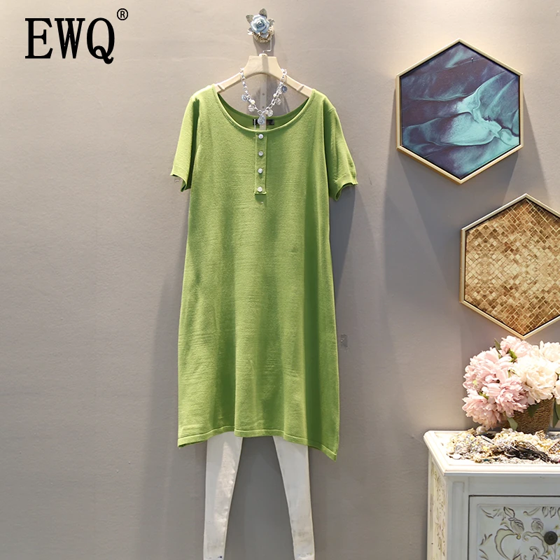 

[EWQ] 2019 Summer New Pattern Office Lady Style Loose Large Size Slim Fit Solid Short Sleeve Mid Length O Collar Dress AF793