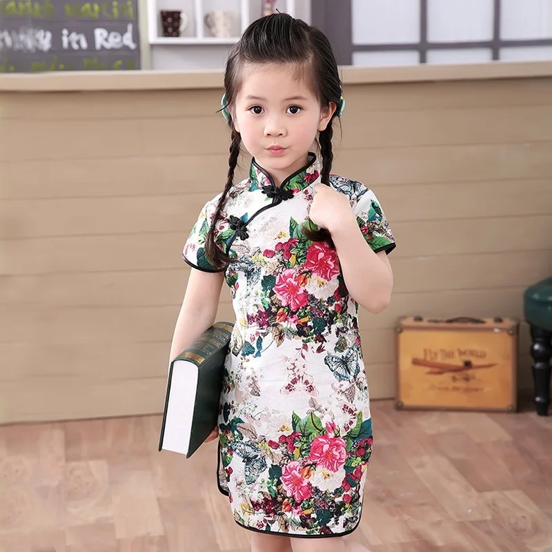 Китайское платье для маленьких девочек одежда Ципао летнее стильное детское хлопковое традиционное платье с короткими рукавами Вечерние новогодние платья для детей - Цвет: 04
