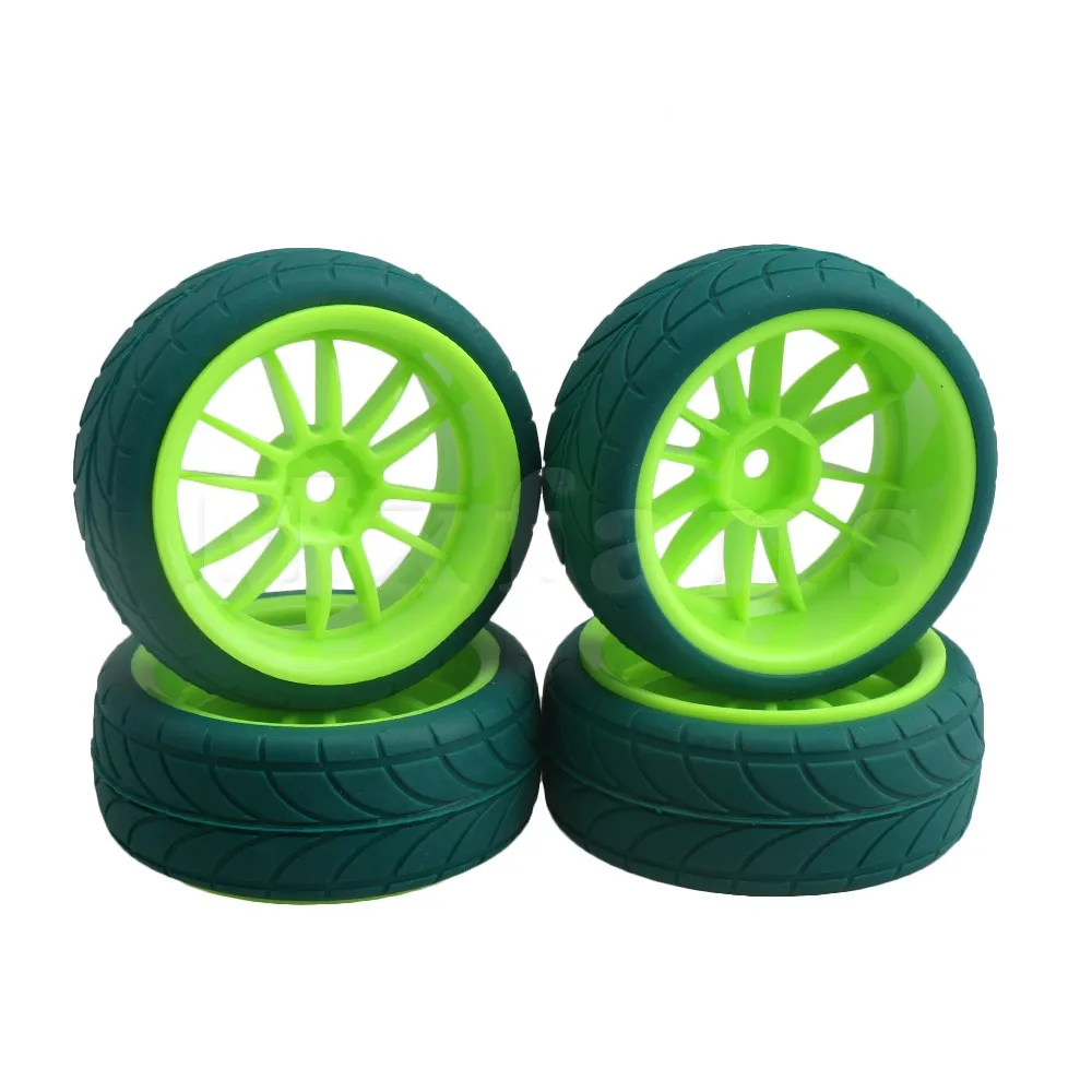 4x 12mm Hex RC 1:10 On Road Car Rubber Tyres /& Green 12 Spoke Plastic Wheel Rims