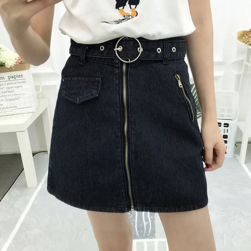 

Skirt Jeans Zipper Up Women Denim Pencil Skirts Solid Color Belt Design Street Wear Mini Saia Black Girls Sexy Jupe Femme