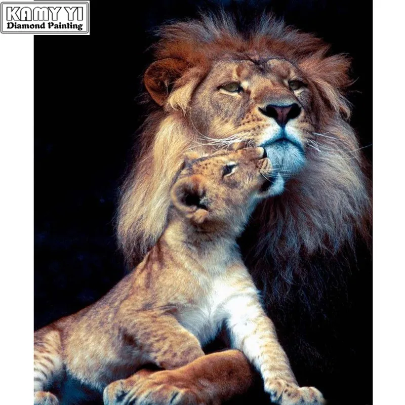

DIY 5D Full Round Diamond Embroidery Lion Mother&Baby Diamond Painting Oil Cross-stitch Rhinestone Mosaic Decor New Year Gifts