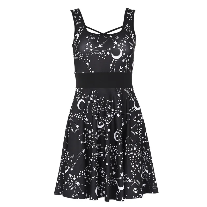 JIEZuoFang, летнее черное платье для женщин, Клубное, уличное, готическое, панк, крутой короткий топ, без рукавов, с принтом Луны и звезды, сексуальные короткие платья для женщин - Цвет: black