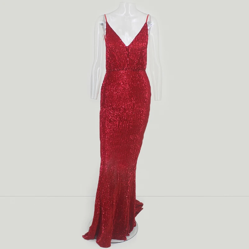 Элегантное роскошное Длинное Макси-платье с глубоким v-образным вырезом и блестками, вечерние женские платья Vestido - Цвет: Красный