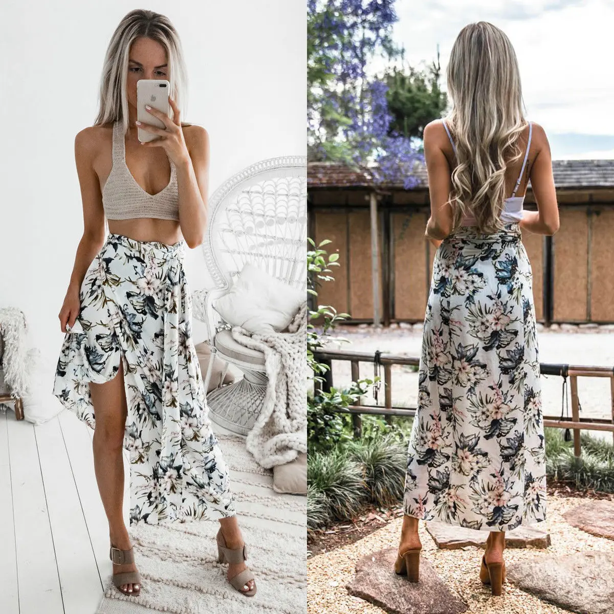 Summer Women High Waist Maxi Skirts Pleated Beachwear Long Maxi Floral ...