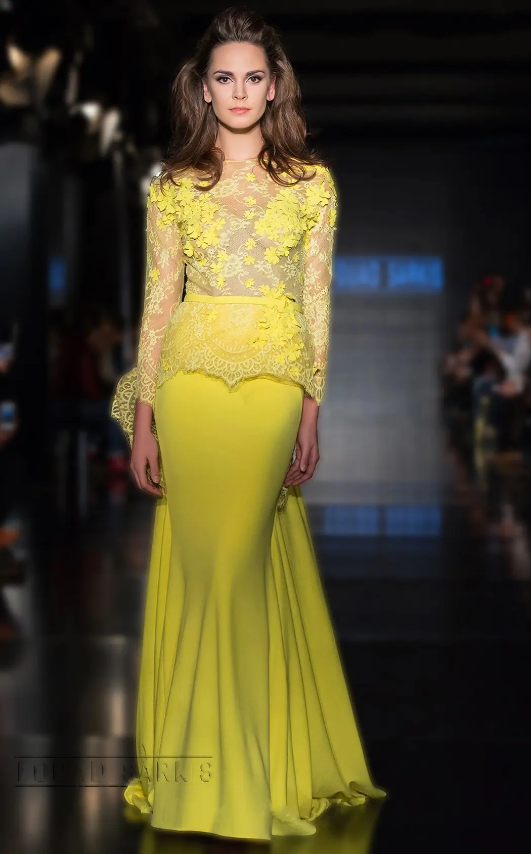 

Charming See Through Lace Top Mermaid Long Sleeve Yellow Evening Gown