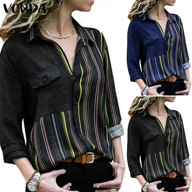  VONDA Oversized Blouse Women Tunic 2019 Casual Buttons Lapel Neck Long Sleeve Striped Shirt Office 