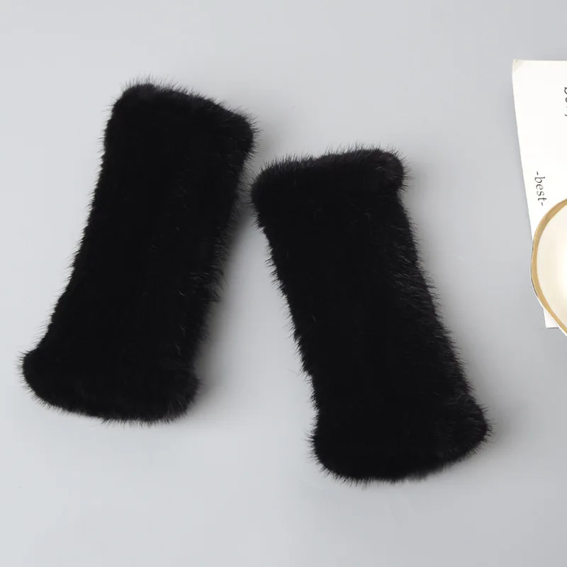 ZDFURS* зимние норковые меховые перчатки для женщин, перчатки из натурального меха, новые 20 см модные эластичные кожаные перчатки, вязаные меховые без пальцев - Цвет: black