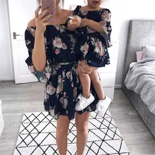 Vestidos holgados bohemios de chifón para madre e hija, trajes a juego familiares con hombros descubiertos y flores, para verano
