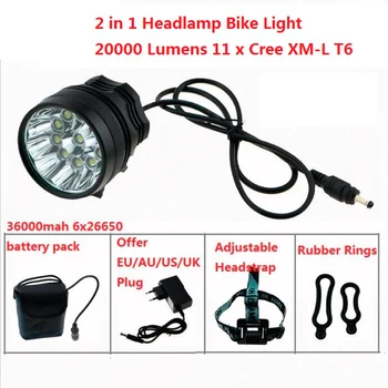 

2 in 1 Headlamp Headlight 20000 Lumens 11 x Cree XM-L T6 LED Bicycle Light Cycling Bike Head Lamp + 18650 Battery Pack + Charger