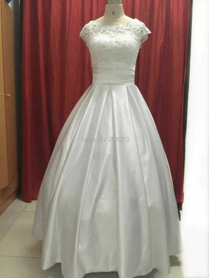 

Hot Sale Real Picture In Stock A Line Satin Princess Wedding Dress with Cap Sleeves