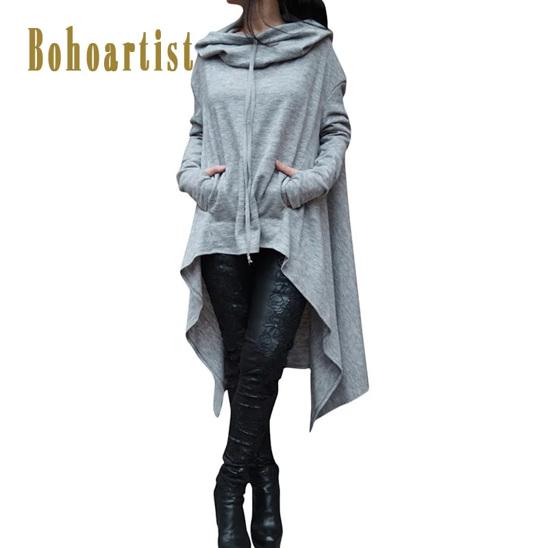 

Bohoartist Women Autumn 2019 New Fashion Long Asymmetric Casual Hoodie Solid Multi Color Drawstring Hooded Plus Sweatshirt