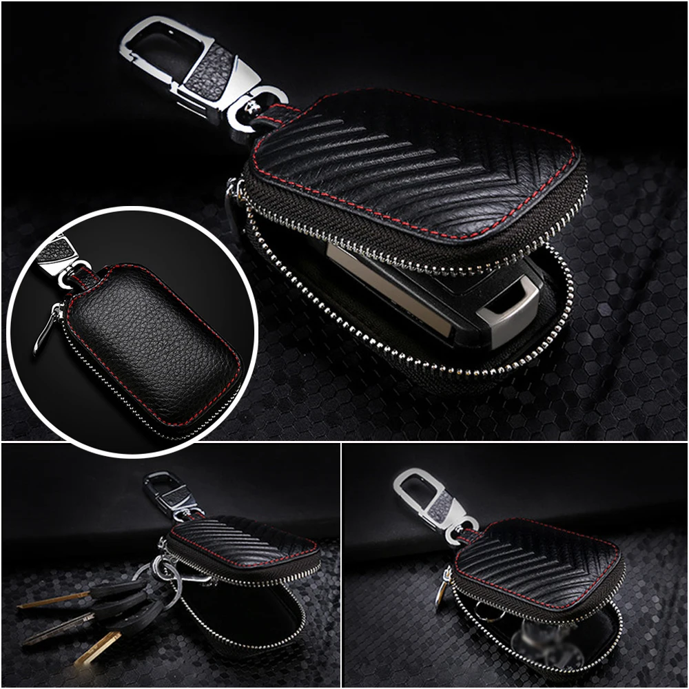 

Remote Fob Zipper Case Smart Keys Holder Covers Car Key Chain Bags Black Leather