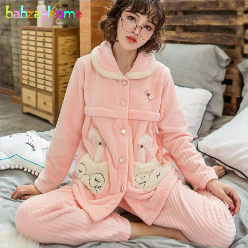 

Pregnant Breastfeeding Clothing Set Winter Clothes Pajamas Maternity Sleepwear Warm Thicker Soft Flannel Pants And Tops BC1813-1