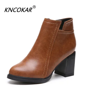 

New Autumn/Winter 2018 High-Heeled Chunky Women's Short Boots Fashion Round Head Martin Boots Retro Women's Nude Boots x1021