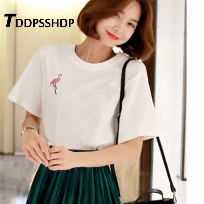 

2019 Summer Korean Embroidery Flamingo Women T Shirt Short Sleeve White and Black Color Female Tee Tops