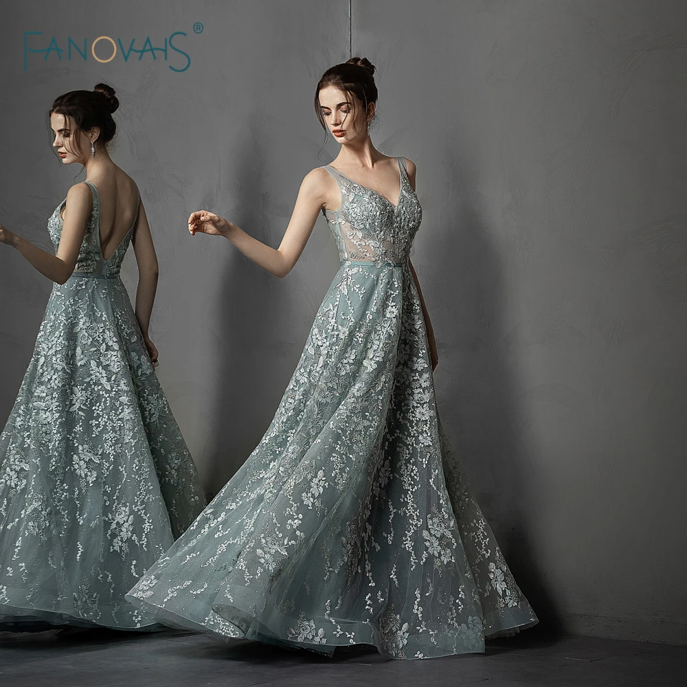 

Luxurious Evening Dress 2019 A-Line Lace Formal Evening Gown V-Neck Applique Crystal Beaded Tulle Party Gown Robe de Soiree NE73