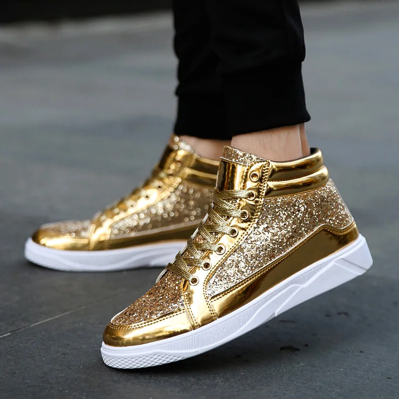 

2018 Brand New Style Retro Style Men High Top Sneakers Bling Leather Shoes Men Lace Up Casual Boat Shoes Chaussure Homme