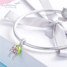 S925 стерлингового серебра fit Pandora браслет зеленая пара чары птиц дизайн 925 двойные птицы обнимаются бусины для браслетов цепи