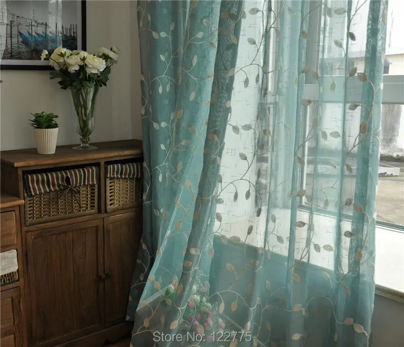 French Country Embroidered Leaves Blue Sheer Curtain In Curtains French Country Embroidered Leaves Blue Sheer Curtain