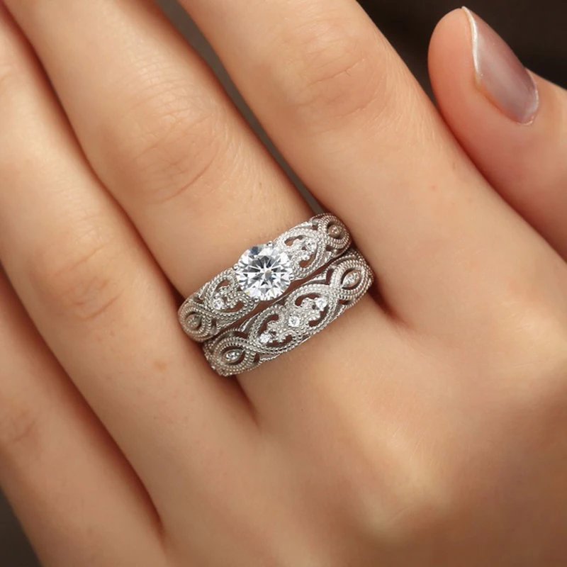 Mossovy Zircon Engagement Silver Wedding Rings for Women Fashion Rhinestone Hollow Couple Ring for Female Jewelry Anillos Mujer
