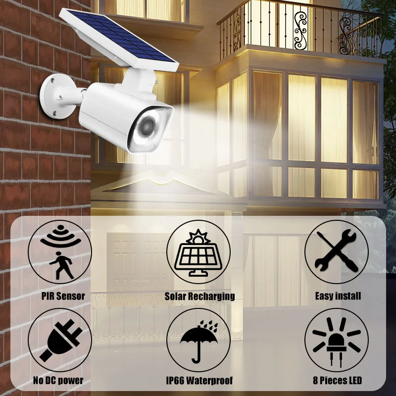 

Fake Camera Solar Power Outdoor Simulation Dummy Camera Waterproof Security Surveillance LED Light