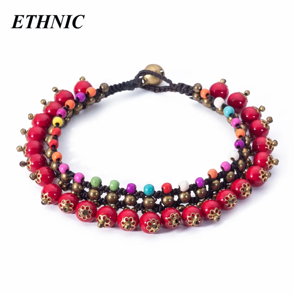 

ETHNIC Summer Two Layers Handmade Woven Color Stone Anklets for Women Beach Fashion Anklet Gold-color Beaded Chain On Foot