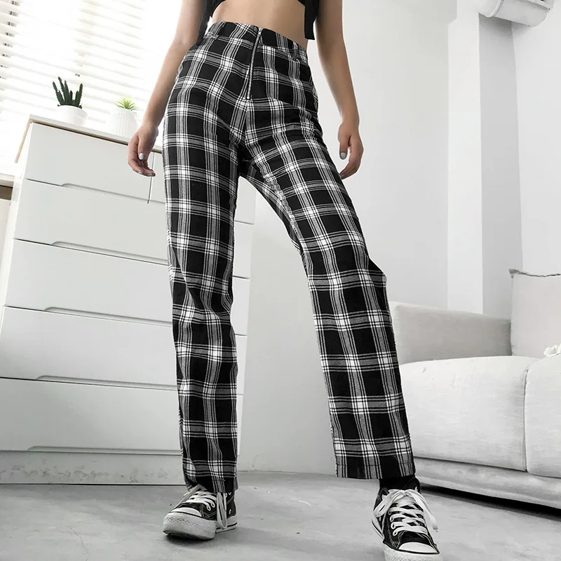 

YYXZ Summer Fashion Cute Slim Contrast Color Plaid SML High Waist Zipper Woman Casual Pants Lady Trousers Streetwear