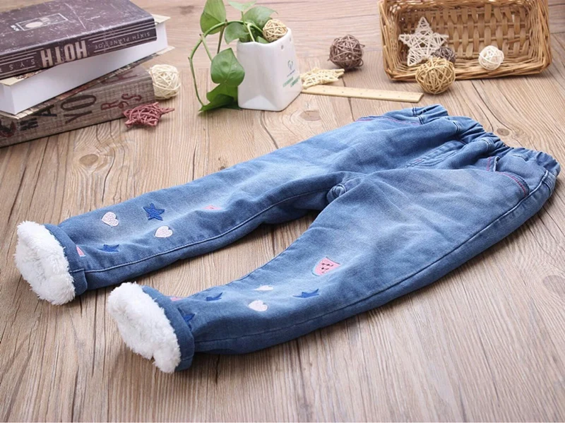 New Girls Winter Denim Jeans Baby Embroidery Warm Jeans Kids Elastic Waist Thick Jeans Girls Winter Trousers Child Warm Pants