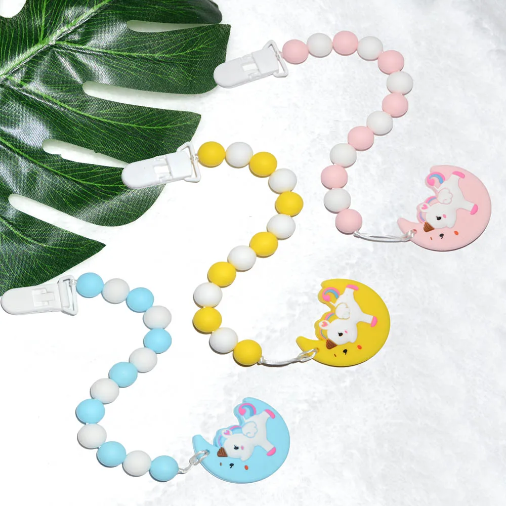 

Happyfriends 1PCS Round Beaded Chain Unicorn Moon Baby Teether Silicone Baby Pacifier Chain Clip Pendant Teethers