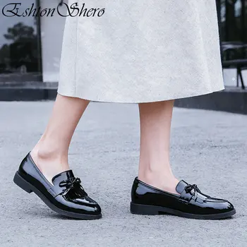 

EshtonShero Spring Women's Shoes Flats Woman Patent Leather+PU Flat Heels Round Toe Solid Burgundy Ladies Casual Shoes Size 3-9
