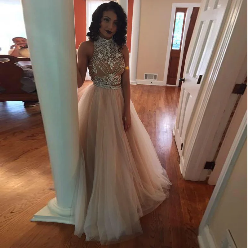 

Abendkleider 2016 High Neck A-Line Two Pieces Evening dresses Sleeveless Heavy Beads Prom Gowns Formal Dresses Vestidos de noite