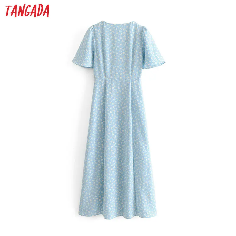 Tangada романтичное платье голубое платье летнее платье с коротким рукавом небесно-голубое платье цветочный принт цветы платье на пуговках ниже колена 3H99
