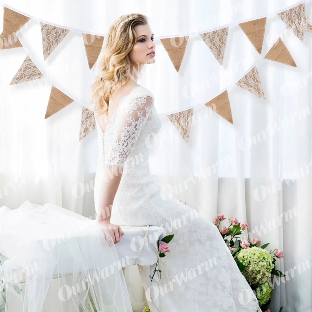 OurWarm 3m Vintage Jute Hessian wedding decoration banner background Natural Burlap Ribbon 13 Flags For Party Supplies