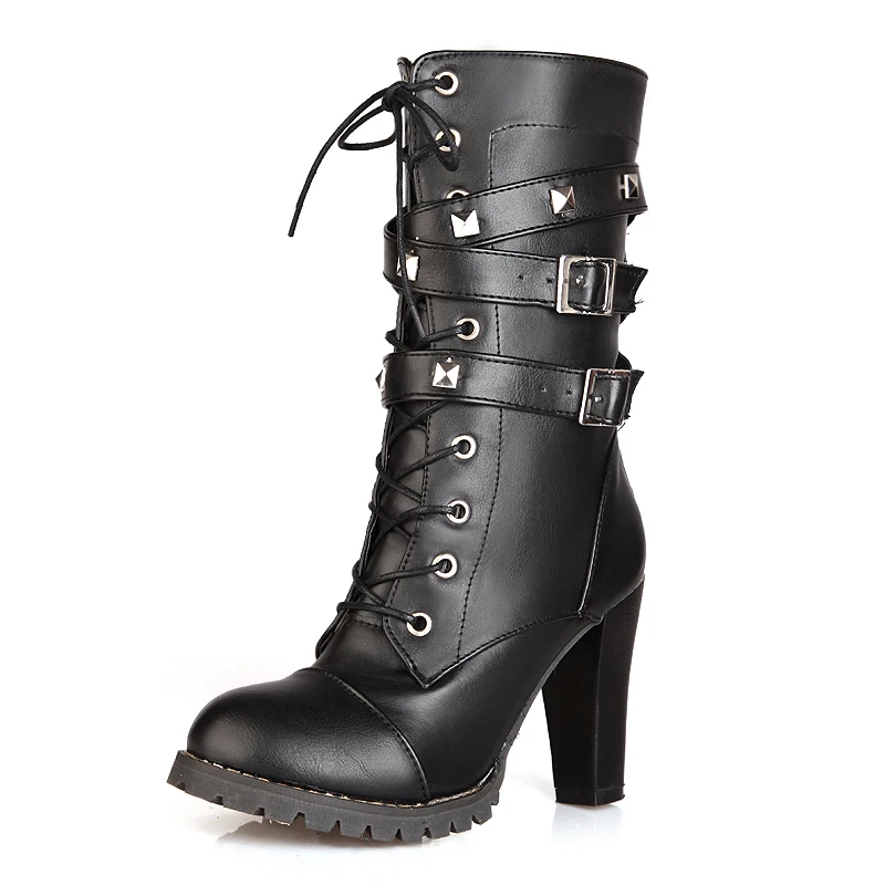 

Ladies Sexy Square High Heels Womens Winter Platform Rivet Zipper Lace Up Mid Calf Martin Motorcycle Riding Buckle Strap Boots