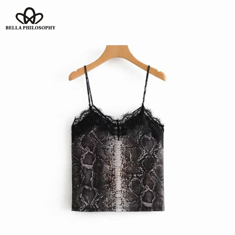 Wonder 2018 new exy snake skin printing sling tank tops knitted camis tee shirt ladies summer eyeslash lace stitching sling tops