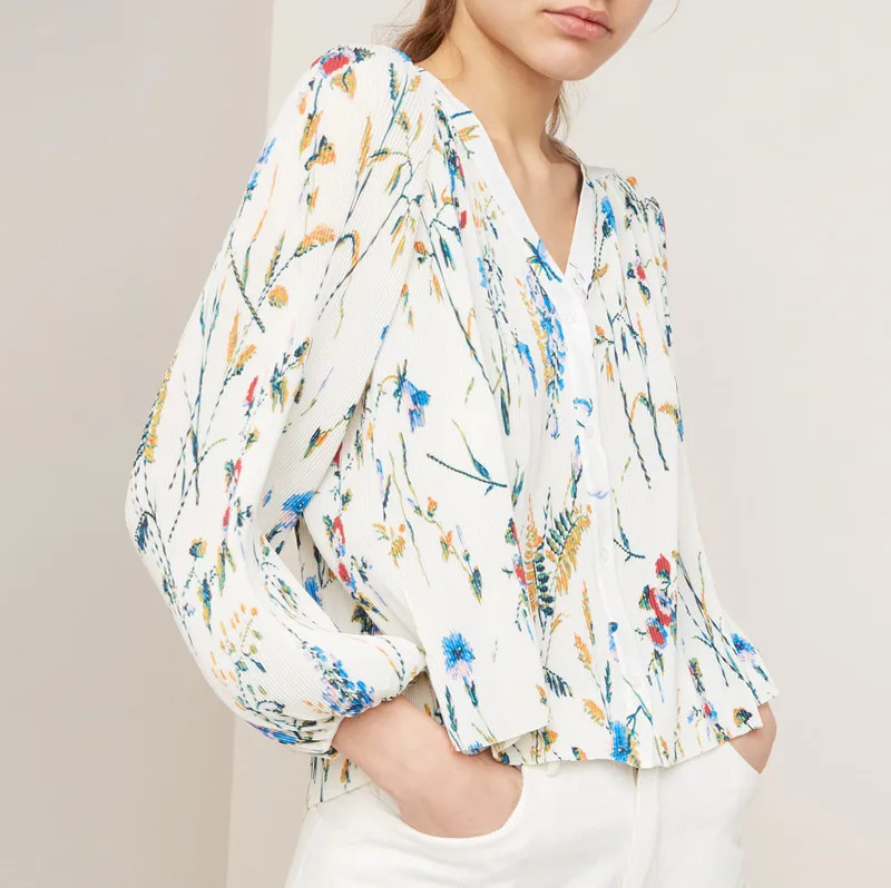 

2019 New Women Loose Shirt Flower Print Elegant Chiffon Long Sleeve V-neck Pleated Blouse Top