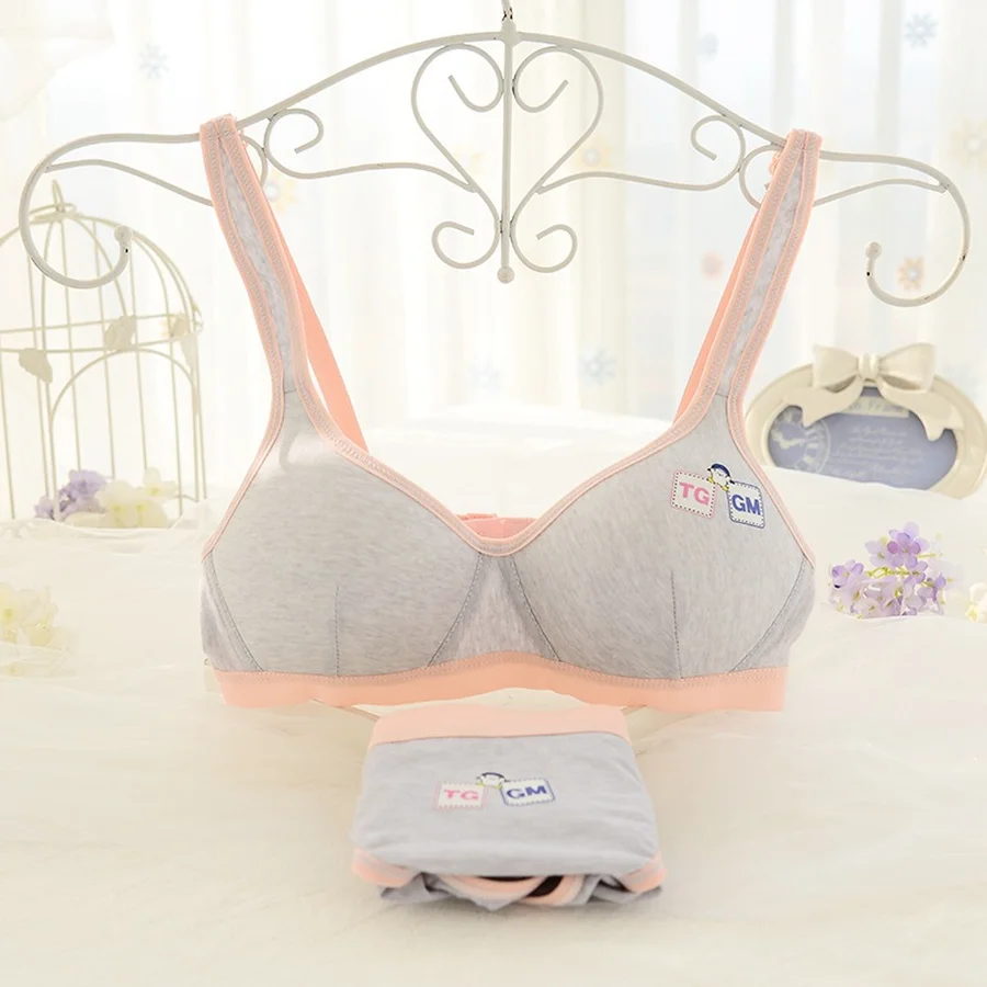 

Famli Small Breast Wireless Bra Pantie Set Girls Soft Cotton Print Wireless Underwear Suit Teenager Training Bra Sets