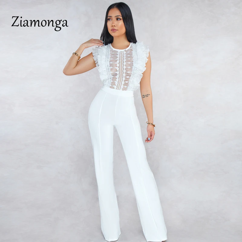 

Ziamonga Women Sexy Jumpsuits Patchwork Lace Mesh Ruffles See Through Transparent Slim Bodysuits Overalls Long Pants Outfits