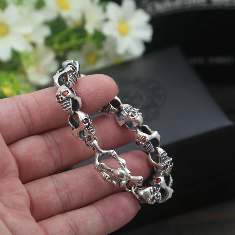 

Manufacturers Wholesale S925 Sterling Silver Jewelry Men Fashion Silver Thai Silver Zircon Eye Skull Bracelet&Bracelet Homme
