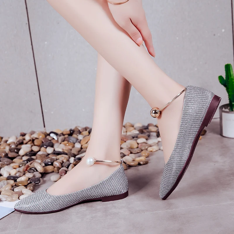 Printemps Métal Perle Paillettes Or 66h70 Chaussures Femmes argent À Sangle Ballet Plates Femme Appartements Tissu Cheville Dames Pointu En Bout rtqrpB