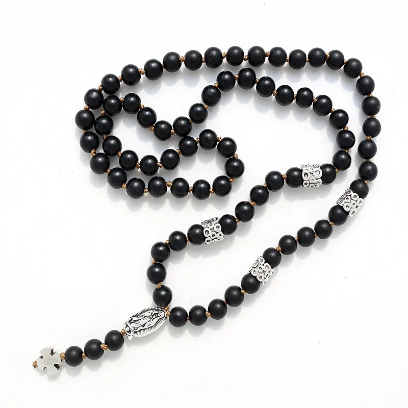 black Buddhist Lava Rock Stone Cross necklace with catholic rosary ...