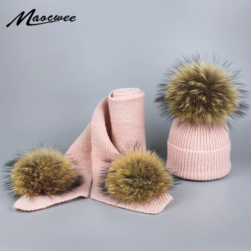 

Winter Scarf Hat Sets Children Warm Thick Stretchy Knit Beanie Hat Real Reaccoon Fur Pom pom Beanie Skullies for Boys and Girls