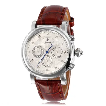 

IK Men Watch Automatic Mechanical Luxury Sapphire Waterproof Auto Date Week Display Male Clock Wristwatch with Leather Band