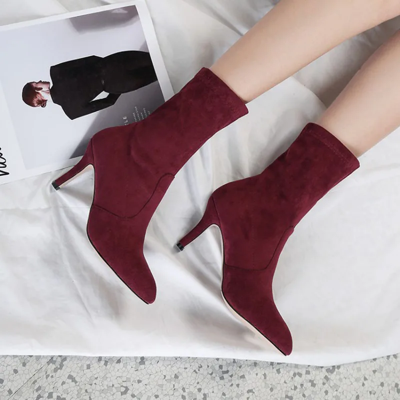 

Pointed high heel Martin boots Small ankle boots Korean version of the stiletto boots Spring and autumn women's elastic boots