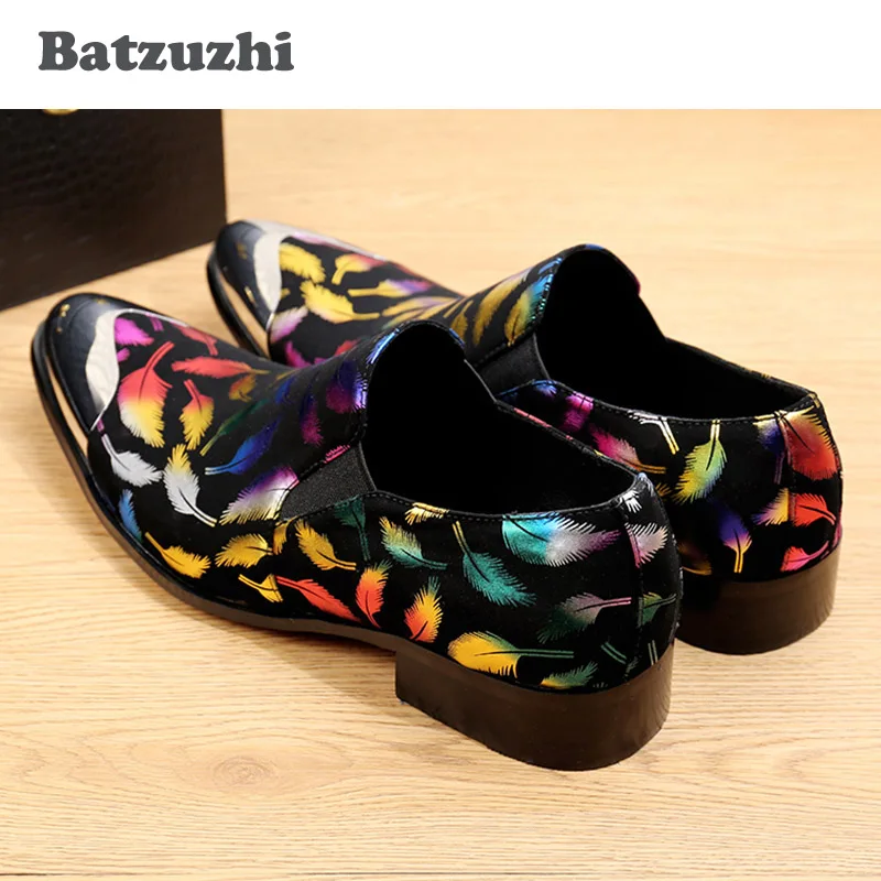 Batzuzhi итальянский Стиль Мужская обувь черная замша с красочным принтом перья золото/серебро точки с металлическим носком Мужские туфли