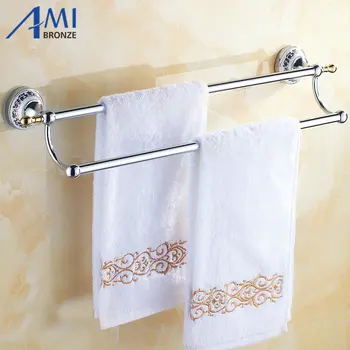 

50CM Chrome Polish Porcelain Wall Mounted Bathroom Accessories Towel Bar Towel Rack With Hook Double Towel Shelf
