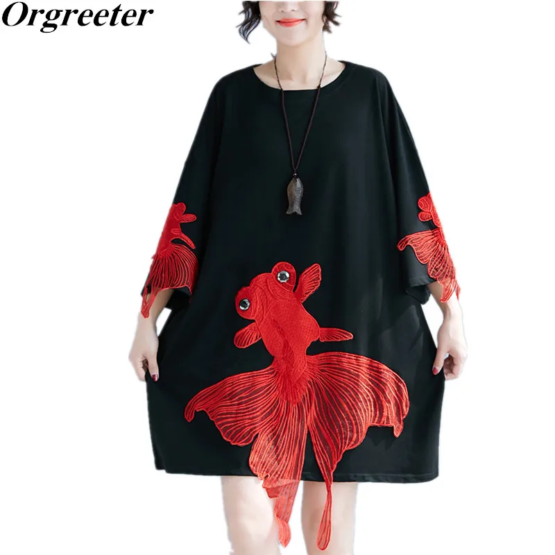 

2018 Summer Women Dresses Goldfish Appliques O-neck Short Sleeve Loose Dress Black Wild 3/4 Sleeve Casual Dress Large Size