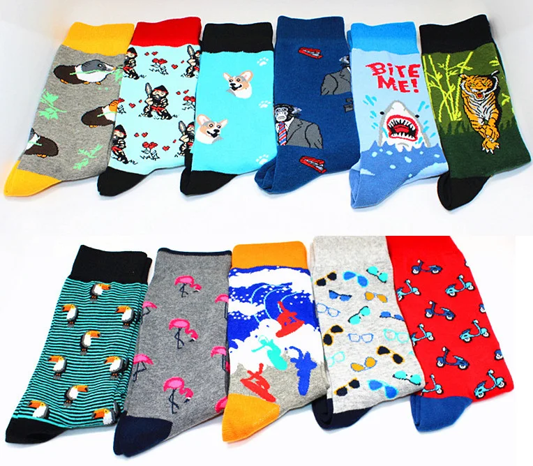 Fashion cotton fashion hip hop men's socks trend Harajuku shark tiger flamingo skateboard happy socks men's Christmas gift socks